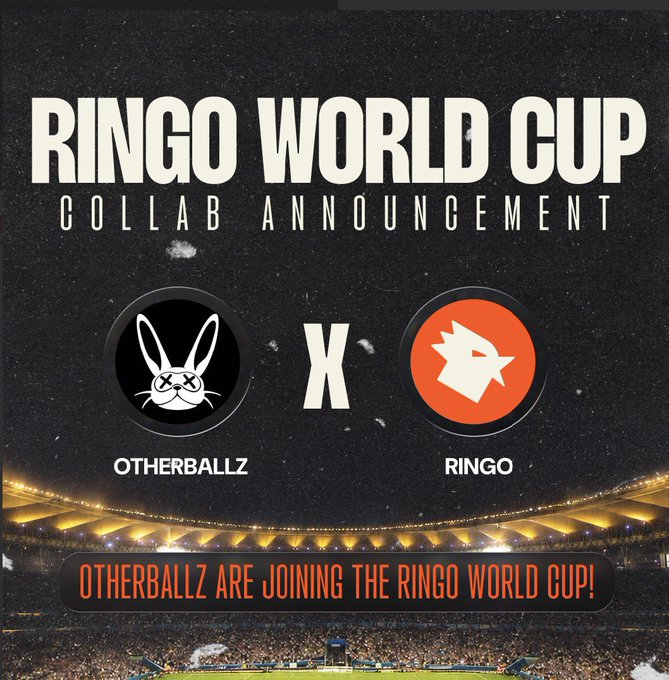 The image features a poster that announces the collaboration between different bands or clubs for the Ringo World Cup. It displays two bands' logos side by side - one represents "otherBallz" while the other shows a bird with an arrow pointing towards their logo, which is "Ringo x". In this post, it seems like a competition will be held, where participants have to show off their "otherBALLZ" and "Ringo x" badges. The post also mentions that ringo x is collaborating with @joinringo for the Ringo World Cup and offers exclusive rewards such as $2,000 USDC in Ringo Credits or otherBALLZ badge holders are entitled to receive them.