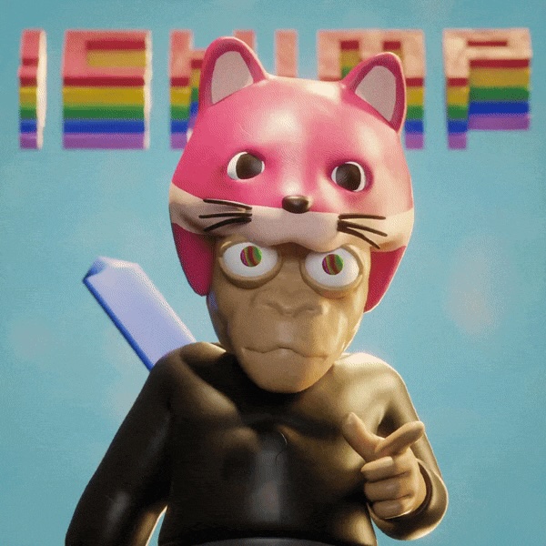 A surreal digital artwork featuring a 3D-rendered figure wearing a pink fox or cat hat and large round glasses, with the word '1GAYS' in rainbow block letters in the background.