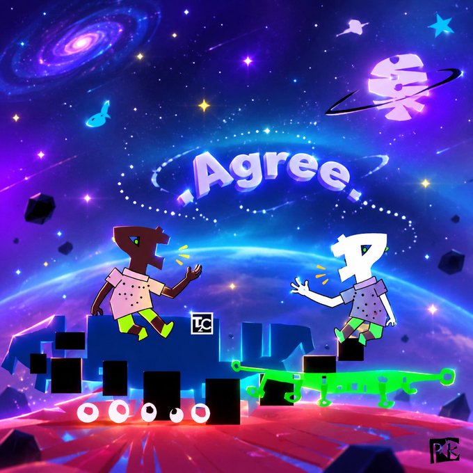 A vibrant, cosmic-themed digital artwork showing two stylized figures on a floating platform with a green sword, set against a starry galaxy background featuring the word "Agree."