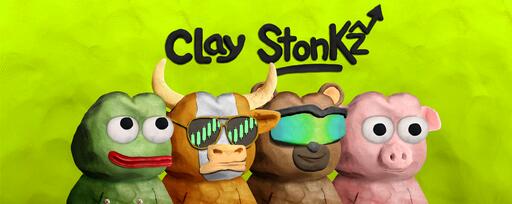 A banner with a green textured background features four colorful clay character figurines—a frog, cow, bear, and pig—with the text 'Clay Stonkz' displayed at the top.