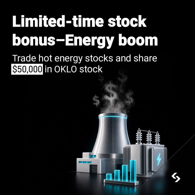 An advertisement reads 'Limited-time stock bonus-Energy boom' and 'Trade hot energy stocks and share $50,000 in OKLO stock' above a 3D illustration of a nuclear cooling tower and electrical transformers.