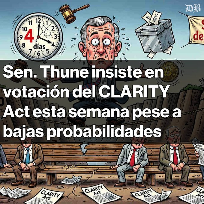 A political cartoon-style illustration with Spanish text reading 'Sen. Thune insiste en votación del CLARITY Act esta semana pese a bajas probabilidades,' showing a stressed senator with a '4 días' clock and discarded 'CLARITY Act' papers.