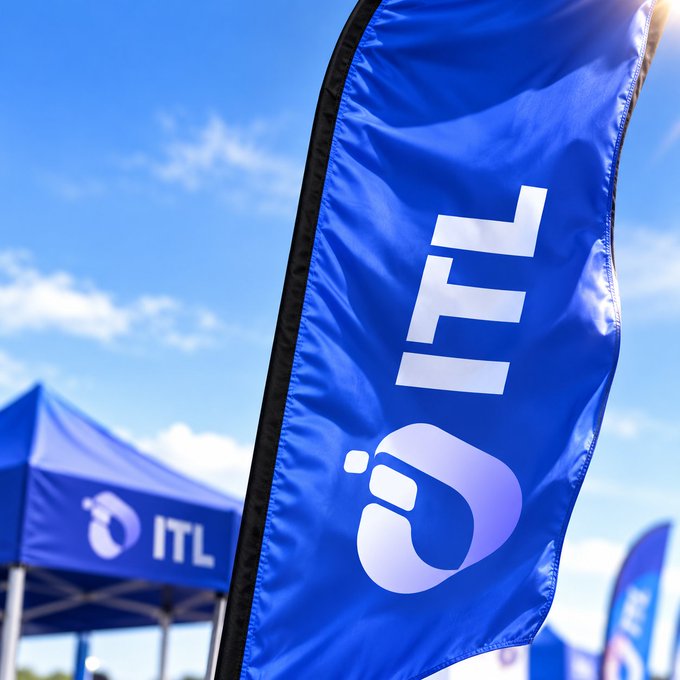 A vibrant blue ITL branded flag waves prominently against a clear sky, with a matching "ITL" branded tent visible in the background, reinforcing the post's call for fans to share their holdings of the $ITL token tied to InterLink, ITLG, and ITLX.