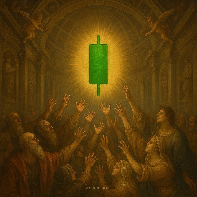 A classical religious painting depicting figures reaching upward toward a glowing green popsicle that radiates light, with cherubs in the upper corners and '@CORN_HOODL' watermark.