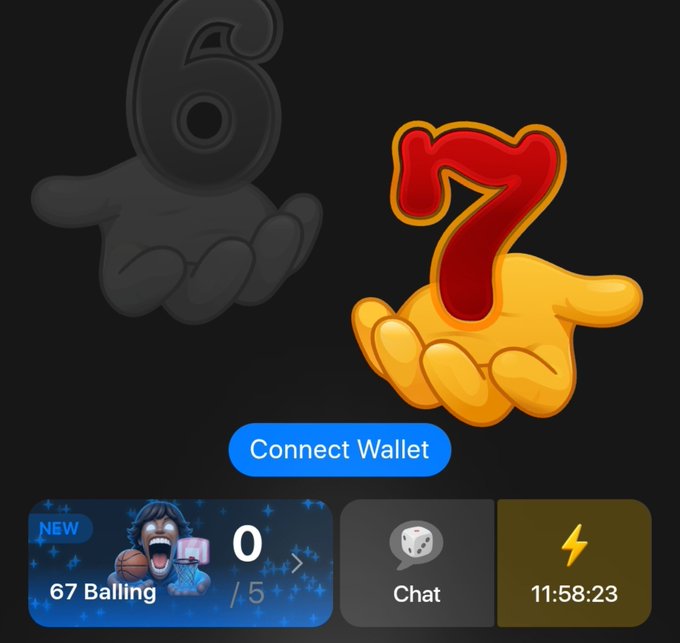 A digital interface shows a "Connect Wallet" button flanked by a dark "6" and a red "7" above a "67 Balling" NFT card with 0/5 progress, a Chat option, and a 11:58:23 timer. The image illustrates the wallet connection feature highlighted in the post's security reminder about disconnecting and reconnecting wallets to protect assets.