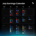 A dark-themed 'July Earnings Calendar' displaying various colored dots organized by week.