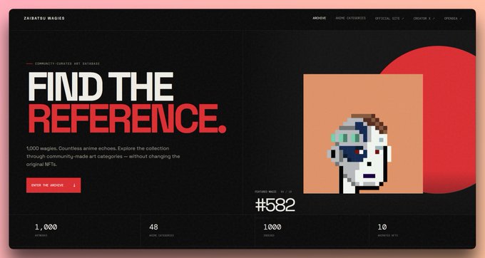A webpage for 'Zairutsu Wages' displays 'FIND THE REFERENCE' alongside a pixelated portrait NFT labeled #582.
