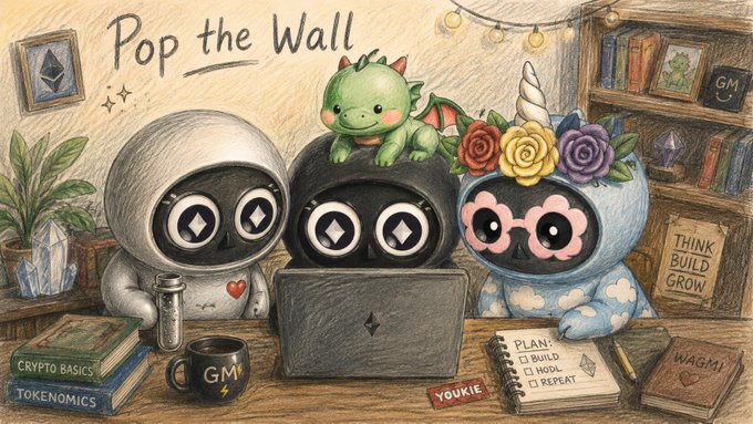 A colored illustration titled 'Pop the Wall' featuring three cute, round, hooded characters (one gray, one black with a small dragon, and one pink/blue with flower crown and glasses) gathered around a laptop with crypto-themed books and a 'GM' mug nearby.
