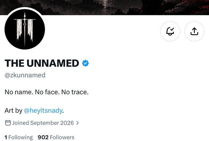 A profile page for the Twitter/X user 'THE UNNAMED' (@zkunnamed) featuring a dark circular avatar with a white spear design, the bio 'No name. No face. No trace.', and 902 followers.