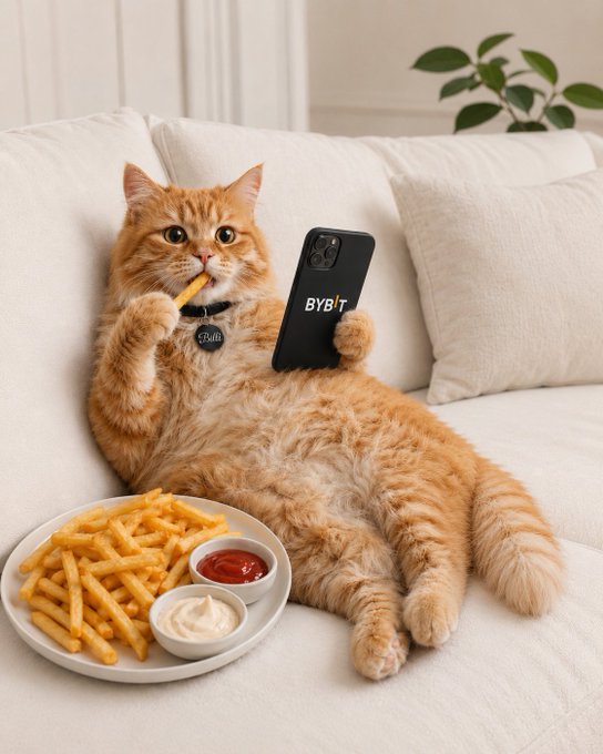 The image depicts a cat lounging on top of a white couch next to two plates with french fries and ketchup. The cat appears to be multitasking, holding one plate in its mouth while using another phone held by its owner. The photo is part of a social media post titled "it' s called multitasking. one hand on the fries , one on the chart". The focus should be on what is in the image and how it relates to this particular post about cats, french fries, or ketchup.