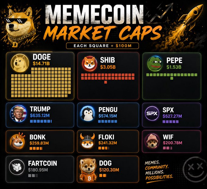 An infographic titled 'MEMECOIN MARKET CAPS' where each square equals $100M, displaying market caps for DOGE ($14.71B), SHIB ($3.05B), PEPE ($1.53B), TRUMP, PENGU, SPX, BONK, FLOKI, WIF, FARTCOIN, and DOG.