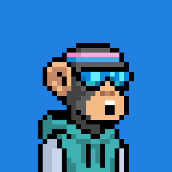 A pixel art profile of an ape character from ApesofETH, featuring vibrant teal and blue tones with a pink and black cap, set against a bright blue background. The colorful, stylized design aligns with the post's appreciation for the collection's bold color palette.