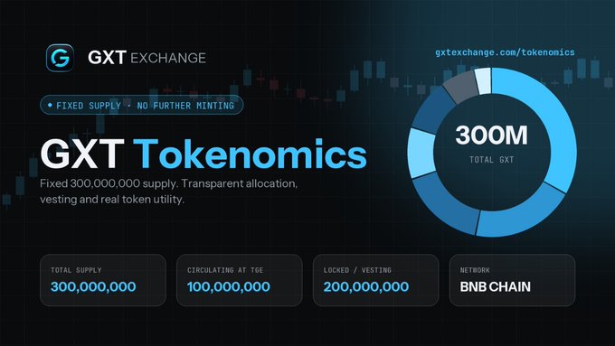 A promotional graphic for GXT Exchange's tokenomics with a dark blue candlestick chart background, highlighting a fixed 300M total supply, 100M circulating at TGE, 200M locked/vesting, and deployment on BNB Chain, which visually reinforces the post's announcement of GXT's transparent supply structure, vesting schedule, and utility features.