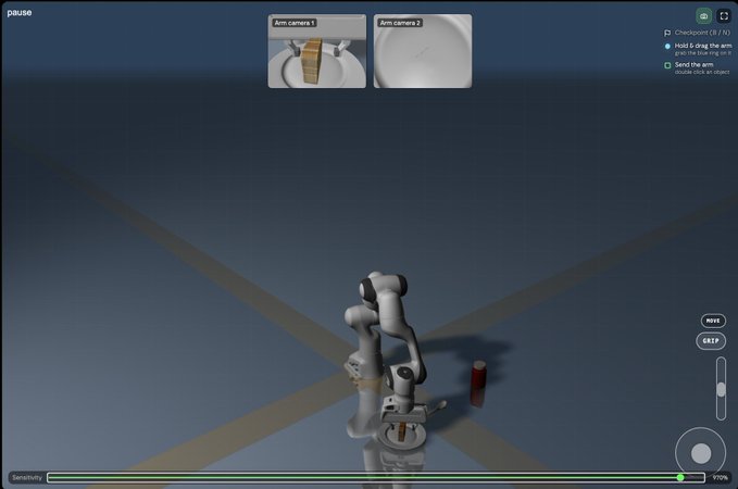A robotic arm simulator interface labeled "pause" shows an arm on a grid with two camera views at the top, alongside objectives like "Hold & drag the arm" and "Send the arm," with progress bar at 100%. The image illustrates hands-on interaction with the Axis Robotics platform mentioned in the post, showing the type of virtual robotic training environment users can engage with for free.