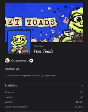 A screenshot of an NFT collection profile page on a digital marketplace, displaying pixel art toads, the collection name "Poet Toads", the creator "@degenpoet", a floor price of "0.9 SOL", and "80" artworks.