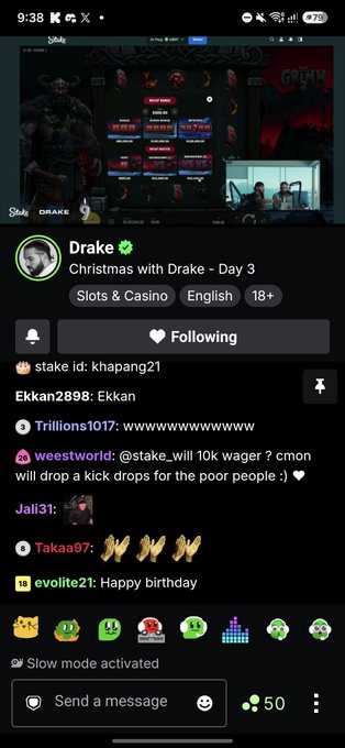 A live stream titled 'Christmas with Drake - Day 3' is in progress on Stake, tagged with 'Slots & Casino,' 'English,' and '18+', with viewers chatting in the sidebar.