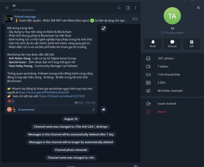 The image shows a Telegram channel named "Hi" with 2,719 subscribers, where a pinned message announces a Web3 & Blockchain workshop hosted by Anh Nolan Dang (Luật sư tại AZ Digital Asset Group), with the channel having recently changed its name from "«The Anh LDA | Airdrop»" and removed its channel photo—illustrating the broader trend of crypto KOL channels scrubbing content and rebranding to evade tightening crypto regulations.