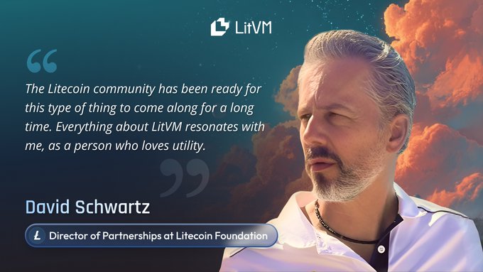 A promotional graphic for LiVM features a quote from David Schwartz, Director of Partnerships at Litecoin Foundation, who states: "The Litecoin community has been ready for this type of thing to come along for a long time. Everything about LitVM resonates with me, as a person who loves utility." The image, set against a dramatic cloud background, ties into the post's message about building directly on top of Litecoin through the new LiVM platform.