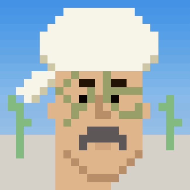 A pixel art portrait of a person with white hair and green markings on their face, resembling the character Rick Sanchez, set against a blue sky.