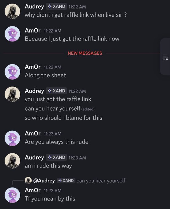 A Discord chat screenshot shows a heated exchange where "Audrey" questions why she didn't receive a raffle link during a live session, and "AmOr" responds that they "just got the raffle link now" along with a sheet. Audrey then asks "can you hear yourself" and "so who should i blame for this," prompting AmOr to fire back "Are you always this rude," capturing the petty online argument referenced in the caption.