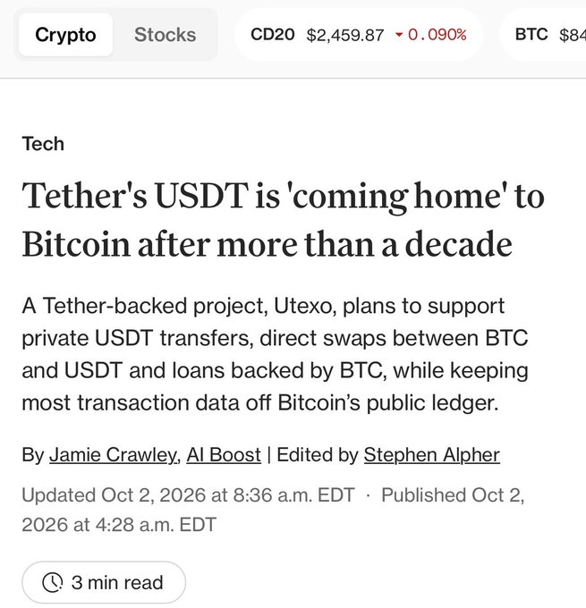 A news article headline reads 'Tether's USDT is 'coming home' to Bitcoin after more than a decade,' covering the Utexo project by Jamie Crawley, with a CD20 price of $2,459.87 visible.