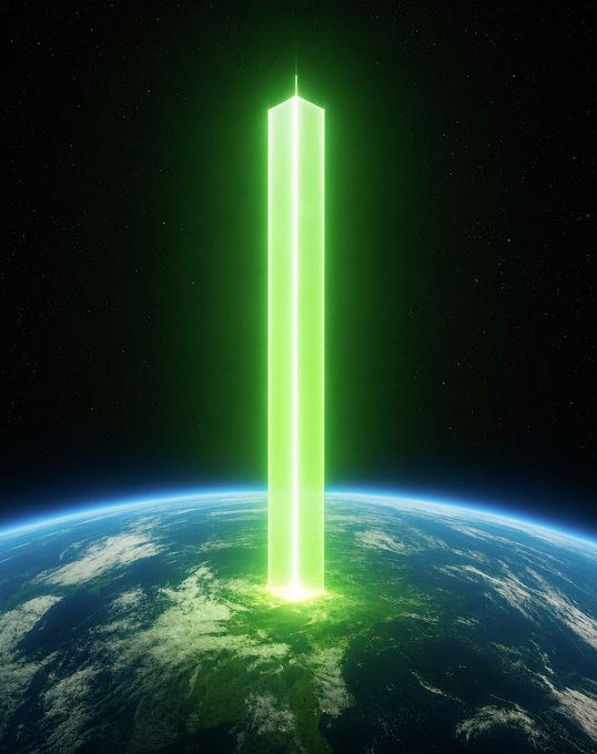 The image features a tall, green tower that appears to be emitting a bright light or glow from its top. This glowing structure stands out against the backdrop of the earth, which can be seen in the background. The caption accompanying the image reads "strapped in for the biggest green candle humanity has ever witnessed".