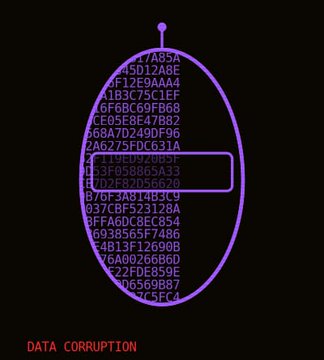 A purple oval resembling a computer mouse filled with hexadecimal code, labeled 'DATA CORRUPTION' in red text at the bottom.