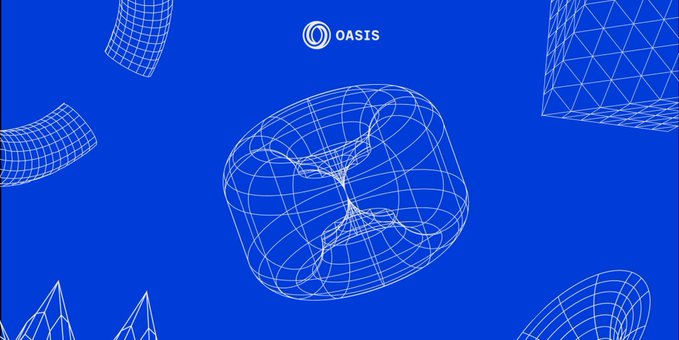 A digital graphic on a blue background featuring white wireframe 3D geometric shapes including a torus and cube, with the 'OASIS' logo at the top center.