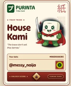 The image features a cartoon character holding a sword with a happy expression. The text in the image reads "House Kami" and "@purintaxyz", which are likely part of a social media post or a message related to the character. The post also mentions that it was posted on Twitter, tagged "#memecoin", and has an estimated rating of 5 stars.