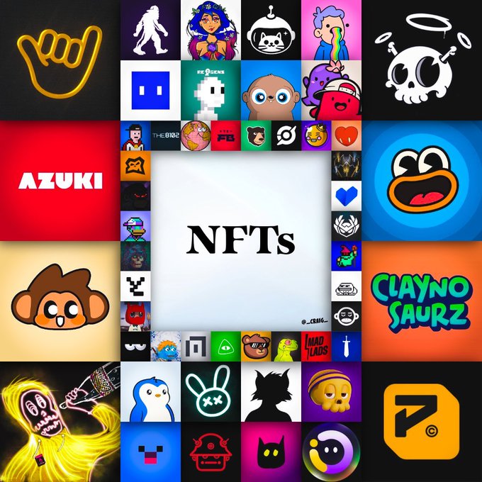 The image features a collage of various logos, including those for Azuki, Clayno Sauz, and other companies. The text "Nfts" is prominently displayed at the top center of the image. This suggests that the image might be promoting or discussing NFTs in some way. However, without more context or information about the content within the image, it's difficult to determine if the focus on Nfts is accurate or intended for a different purpose.