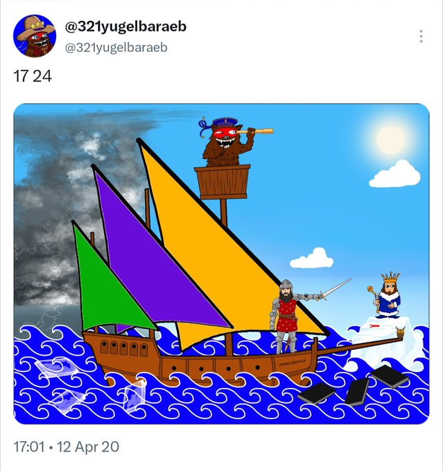 The image shows a Twitter post from @321yugelbaraeb dated 12 Apr 20 with text "17 24," depicting a cartoon ship with colorful sails being steered by a pirate, while a king stands on the shore tossing smartphones into the sea. The post appears to mock the confusion between crypto tickers XRP (Ripple) and XPR (Proton), using the imagery of a pirate ship raiding a king who is discarding phones—symbolizing the chaos and mix-ups in the crypto market.
