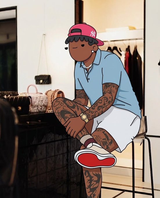 A cartoon-style illustration of a tattooed young man wearing a pink NY baseball cap, light blue polo shirt, and white shorts, sitting on a stool with red and white sneakers.