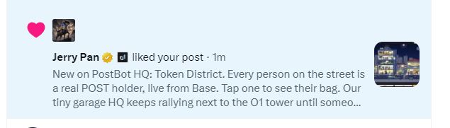 A social media notification showing that user 'Jerry Pan' liked a post about PostBot HQ in the Token District.