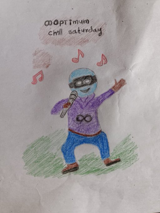 A child's drawing on crumpled paper titled 'oooptimyum chill saturday' depicts a blue-faced figure wearing a VR headset, holding a microphone, with red music notes floating around them.