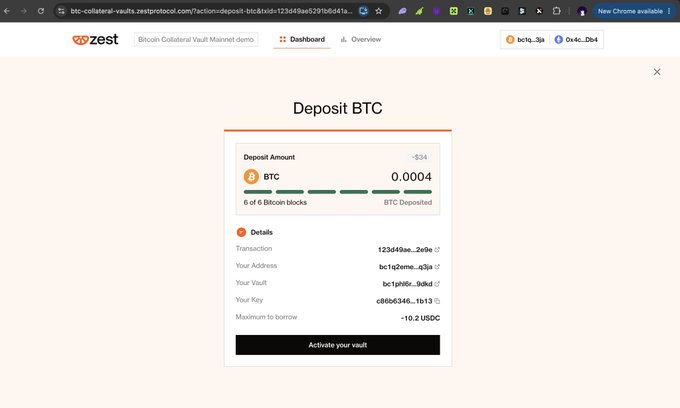 A screenshot of a 'Deposit BTC' page on a Bitcoin Collateral Vault website (zest), showing a deposit amount of 0.0004 BTC (~£34) and 6 of 6 Bitcoin blocks deposited.