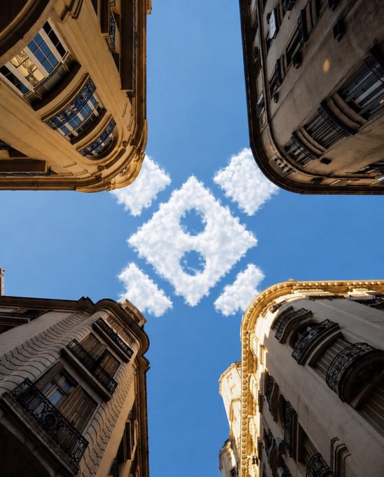 A low-angle shot captures four ornate buildings framing a bright blue sky, where clouds form a diamond-shaped "B" logo resembling Binance's branding, complementing the cheerful "Gm family" greeting.