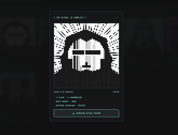 A pixelated 'Ritual Complete' screen showing a shadowy figure with sunglasses, statistics including 'SATAN #725 SURVIVED', '+1 SLAIN, +1 REMEMBERING', and a button to download the ritual record.