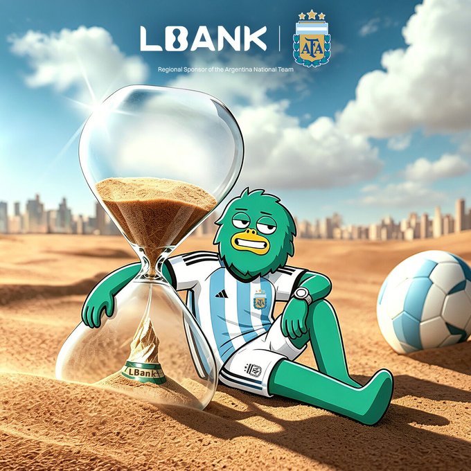 The image is a promotional graphic featuring LBANK as the "Regional Sponsor of the Argentina National Team," showing an animated green mascot in an Argentina jersey leaning against a large hourglass with sand flowing through it, with a soccer ball beside it on a sandy surface. The visual ties directly to the post's theme of a ticking countdown to a final, symbolizing how time is running out as Argentina's World Cup campaign continues on LBank, with viewers encouraged to join via lbank.com/event-new/1000 using #LBankxAFA #VamosArgentina.