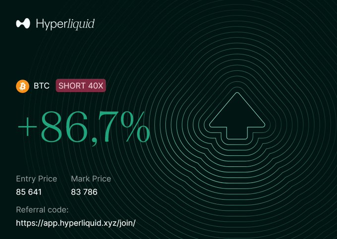 Hyperliquid trading advertisement showing a BTC SHORT 40X position with a +86.7% return, featuring an entry price of 85,641 and mark price of 83,786, with a referral link to https://app.hyperliquid.xyz/join/.