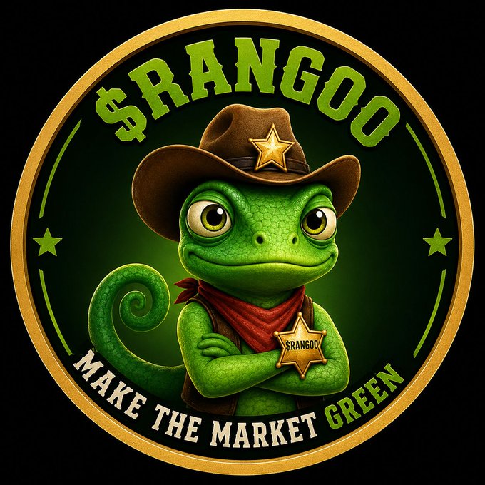 Similar '$RANGOO' logo but with a dark green background, featuring a smiling green chameleon in a cowboy hat with crossed arms and a red bandana, with 'MAKE THE MARKET GREEN' text at the bottom.