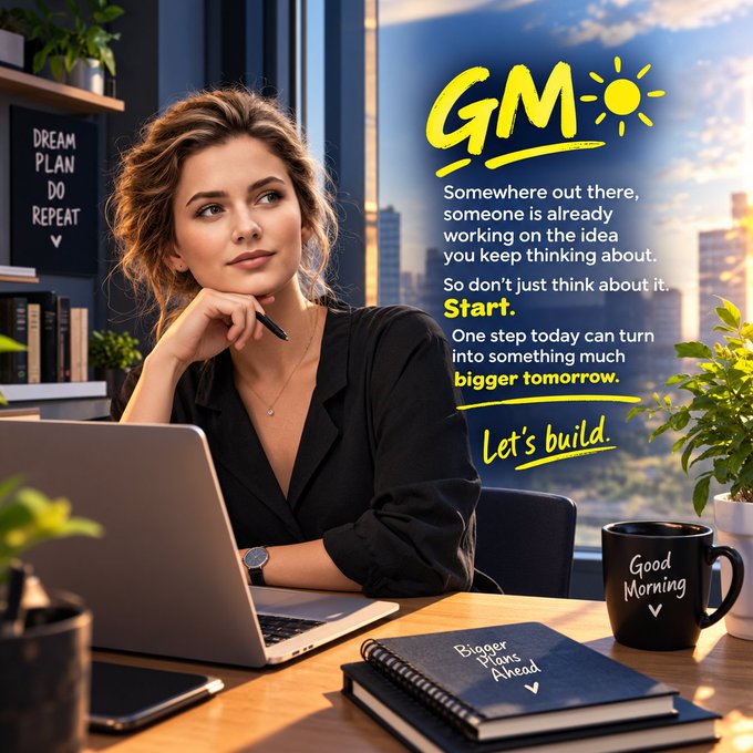 A motivational graphic featuring a woman working at a laptop with the text 'GM - Somewhere out there, someone is already working on the idea you keep thinking about. So don't just think about it. Start. One step today can turn into something much bigger tomorrow. Let's build.'