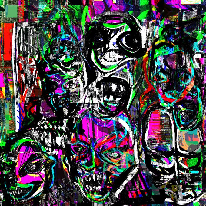 A vibrant, chaotic abstract painting featuring multiple distorted faces rendered in neon pinks, greens, purples, and blacks with aggressive brushstrokes.