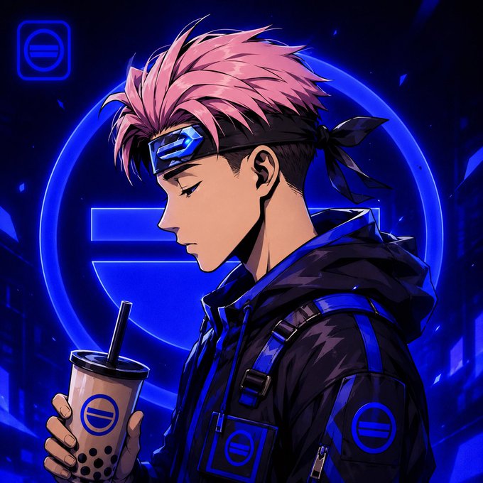 An anime-style illustration of a character with pink hair holding a bubble tea cup against a blue neon background.