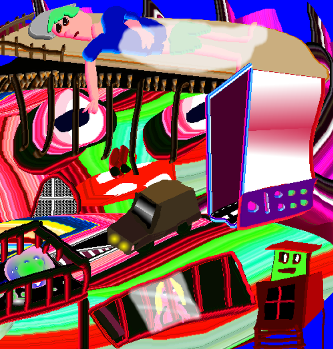 A colorful, surreal digital illustration featuring a person sleeping on a bed, a stylized face in the background, a truck, and a computer monitor, all rendered in vibrant neon colors.