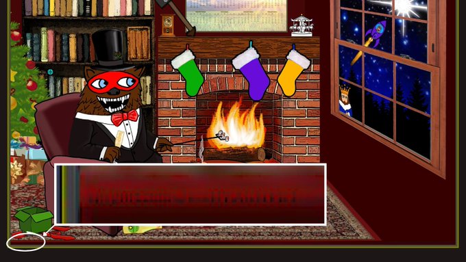 The image depicts a Christmas scene where a fox wearing a top hat and red mask roasts a marshmallow over a fireplace with colorful stockings hanging, while a rocket flies past the window, with the caption "Winter is a great time" partially visible in a text box. The meme's theme of returning to a comforting, whimsical holiday scene aligns with the post's sentiment of coming back to a beloved image repeatedly.
