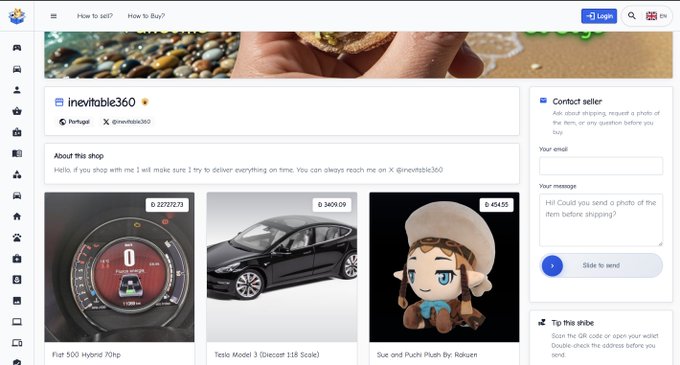 The image shows a webpage from an online shopping site called ShibeShip.com, where sellers display their items for sale. On this page, there are multiple products shown in different sizes, with one of them being a small stuffed animal. The image also features a price tag of $DOGE (Dogecoin) that is being advertised by the seller on this website.

The post on this site encourages users to contact sellers via the provided "Contact Seller" and adds a form for buyers to send multiple purchases at once, priced at $DOGE, which stands for Dogecoin in this context. The seller is even offering a 10% discount if you set a quantity of more than 1 item.
