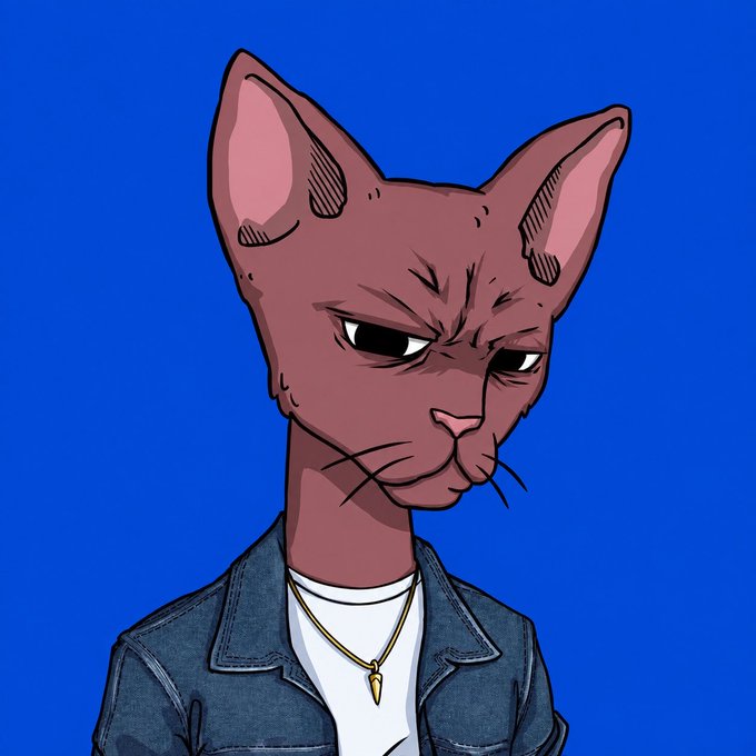 A stylized digital illustration of a hairless cat with an annoyed, side-glancing expression, wearing a blue denim jacket, white t-shirt, and a gold pendant necklace against a solid blue background.