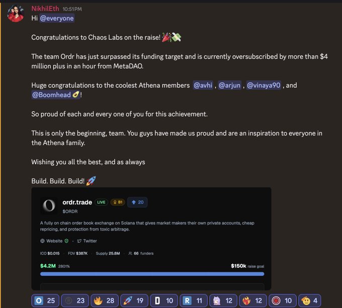 A Discord message from user NikhilEth congratulates the team Ordr on their funding raise, noting the team is oversubscribed by more than $4 million from MetaDAO, with a project card showing $4.2M raised against a $150K goal.