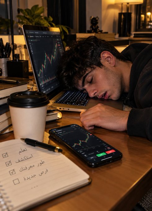 A young man lies asleep with his head resting on a laptop keyboard displaying Binance candlestick charts, while his phone mirrors the same trading interface and a notebook beside him lists a checked-off plan: "تعلم، استكشف، طور معرفتك، فرص جديدة" (Learn, explore, develop your knowledge, new opportunities). The image humorously captures the "just a quick look" that turned into passing out on the desk mid-trade.