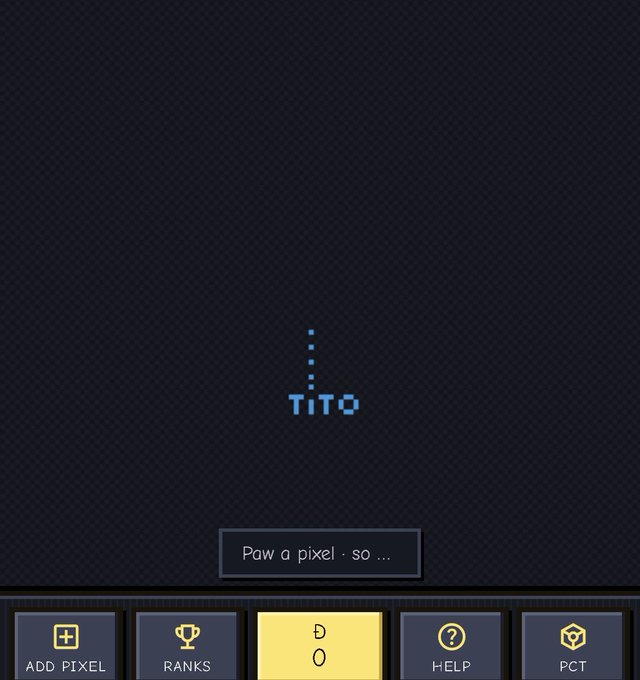 The image shows a minimalist pixelated interface with the username "TiTO" and a prompt reading "Paw a pixel · so..." alongside navigation buttons for "Add Pixel," "Ranks," "Help," and "PCT." This relates to PowPlace.com, a collaborative pixel-art canvas where users like "TiTO" can place individual pixels to contribute to a shared digital artwork.